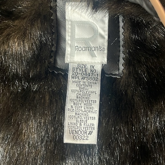 Roaman’s Faux Fur and Leather Winter Coat Black with tan accents 1X - Picture 4 of 7